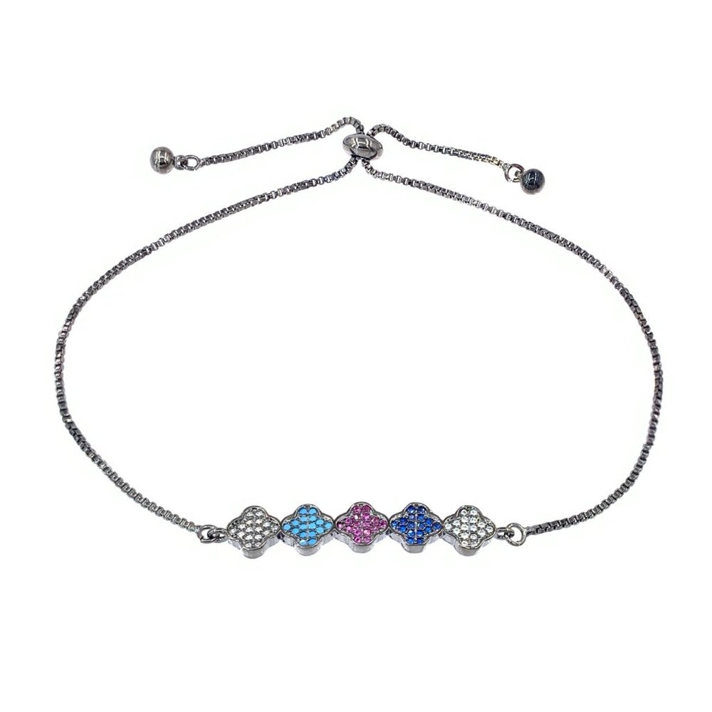 Five Clover Bracelet, Black Rhodium Plated Charm Four Leaf Clover Bracelet 7.5"